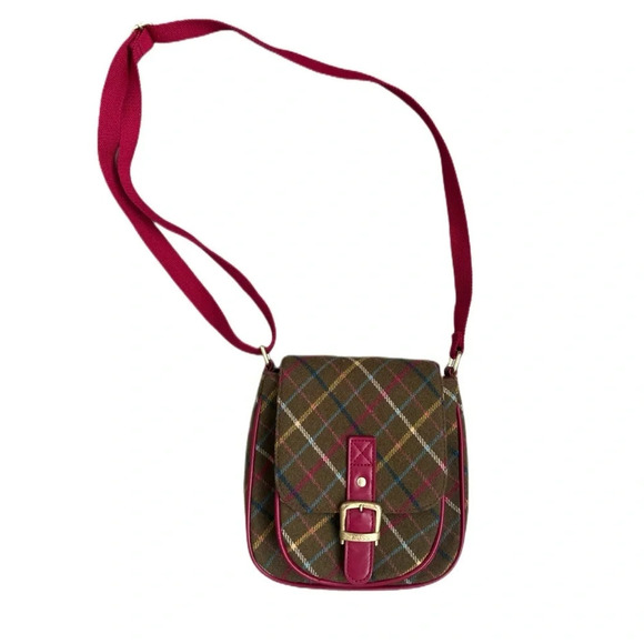 NESS Wool Rich Check Crossbody Bag Satchel Messenger Shoulder Pink Leather Trim - Picture 1 of 9
